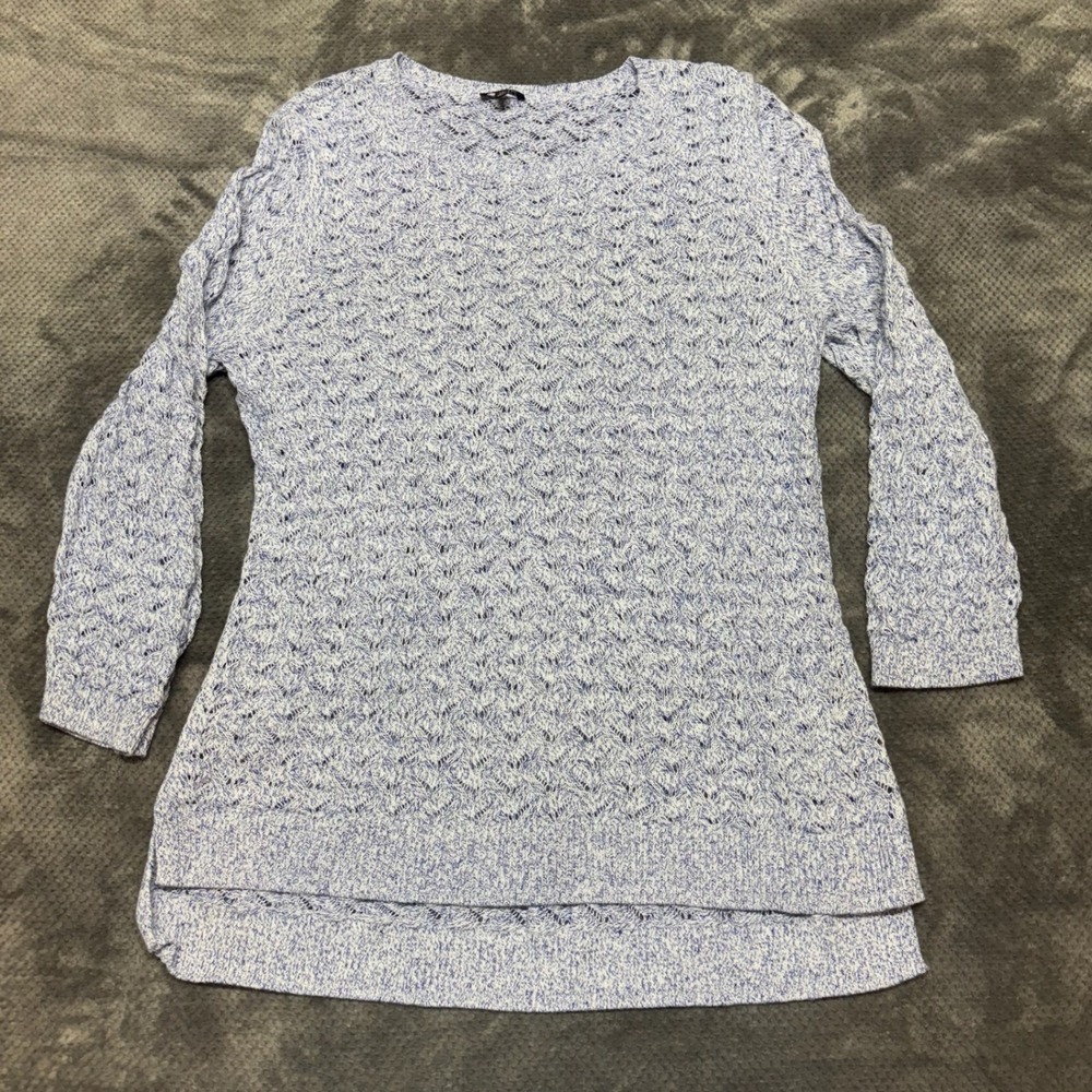 Talbots‎ Womens XL Blue White Marled Cotton Linen Pointelle Knit Sweater JO5161